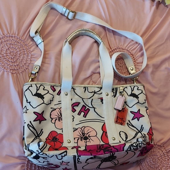 Coach Canvas Floral Crossbody Tote Bag Red and Pink - Picture 1 of 9